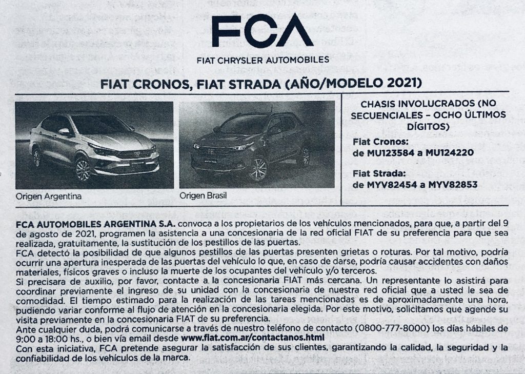 Recall Fiat Cronos Fiat Strada motorweb 1